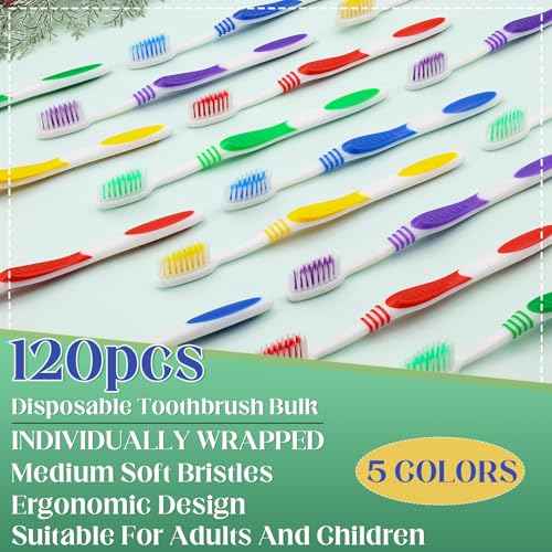 120 Pcs Toothbrush Bulk Disposable, Travel Toothbrushes Pack, Soft Bristle Individually Wrapped and Good Cleaning for Kids, Adult and The Elderly. Suitable for Hotel, Travel, Home, Donated