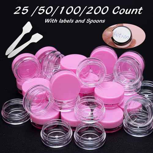 200 Count 3 Gram Sample Containers, Clear Lip Balm Containers with Lids, Small Plastic Sample Jars with 12 Mini Spoons, 200pcs Labels (Pink Lid)