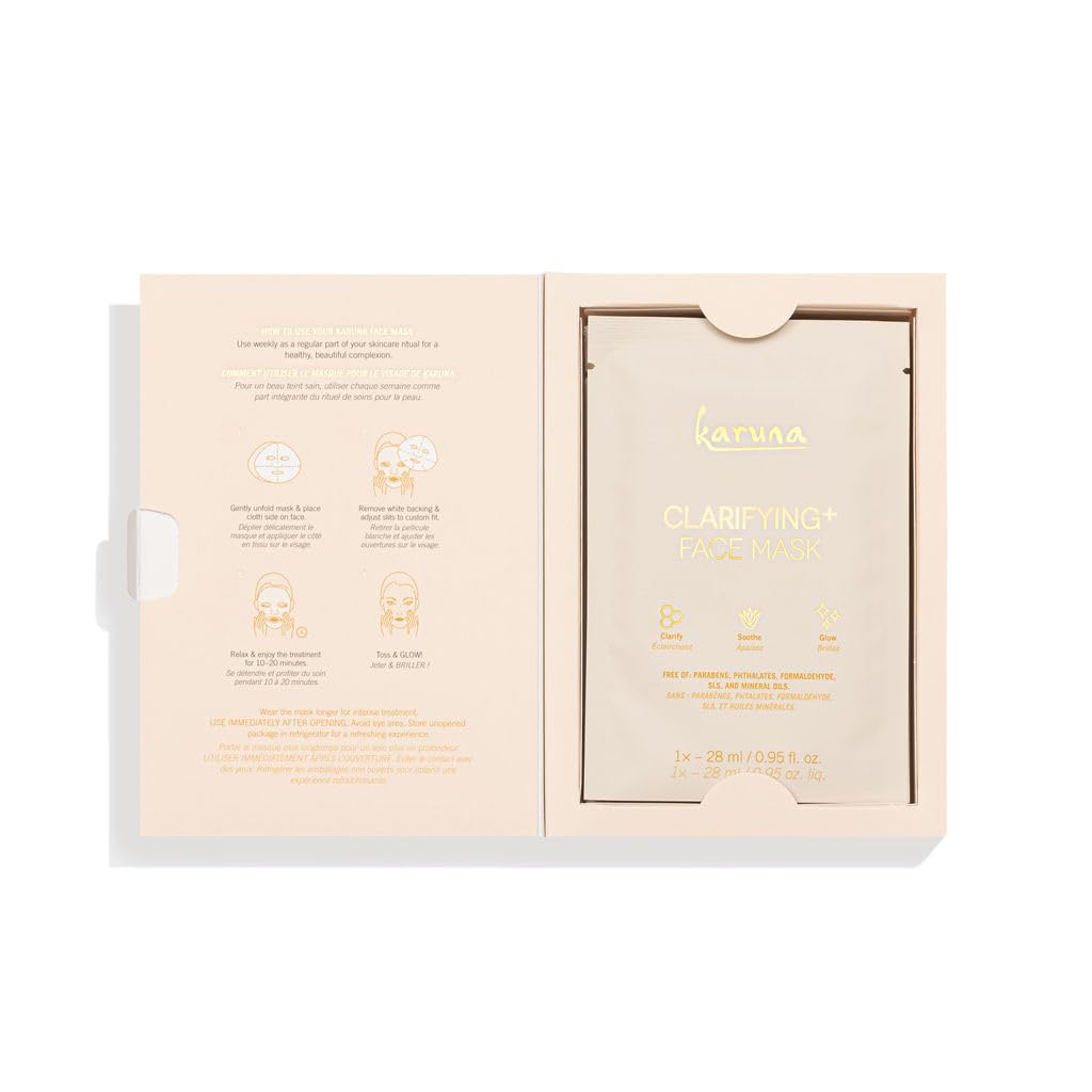 Karuna Skin - Clarifying+ Sheet Masks for Clear Skin, Moisturizing & Hydrating Face Masks Skincare, Sheet Mask with Honey, Salicylic Acid & Burdock Root, 1 Face Mask Sheets per Pack