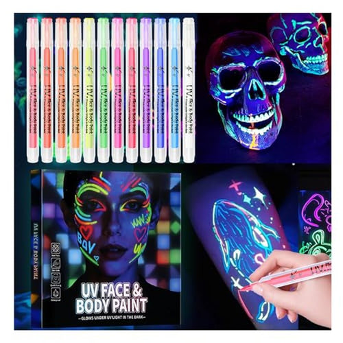 12-Color UV Glow Body Paint Marker Set - Washable Neon Makeup