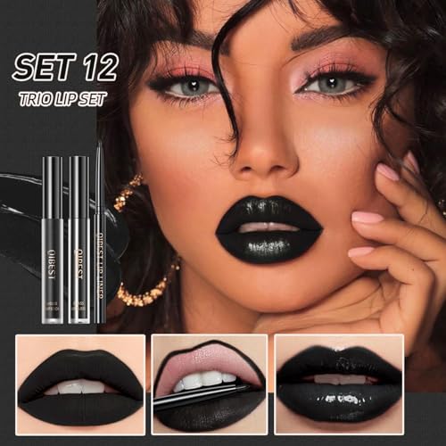 QiBest 3-in-1 Black Lipstick Set – Matte, Gloss & Liner
