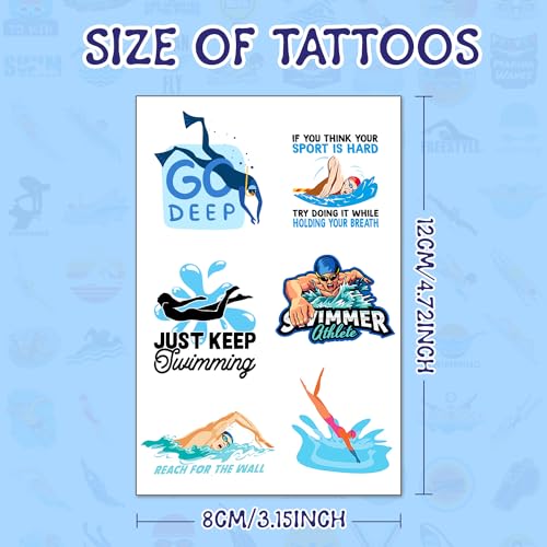 24 Sheets (144 PCS) Swimming Swim Team Temporary Tattoos Stickers, Swimming Swim Team Pool Sport Making Waves Party Favors Supplies Birthday Decorations Gifts for Swimmers Kids Teens Boys Girls