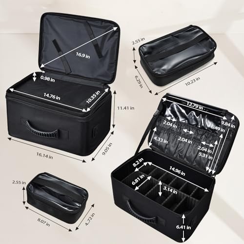 Costravio Makeup Bag Organizer Large Makeup Case Backpack Professional 2 Layers Cosmetic Storage Organizer Brush Slot with 3 Clear Set Bags for Makeup Artists with Shoulder Strap Adjustable Dividers