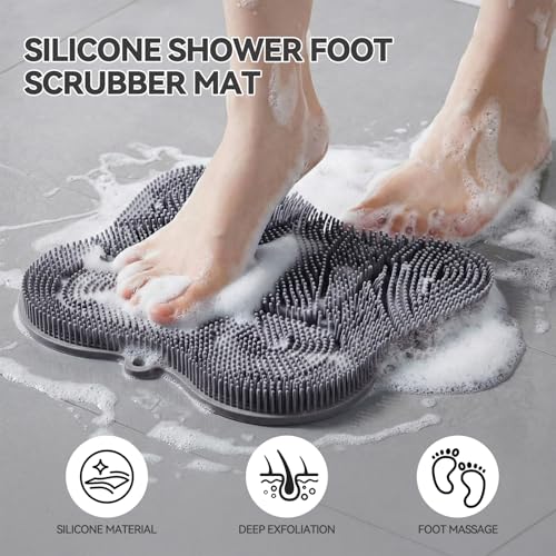 ozner Silicone Shower Foot Scrubber Mat,Back Washer Bath Wash Pad Exfoliating & Massage, Wall Mounted Slip Strong Suction Cups for Use in Cleaner Men and Women (Grey)