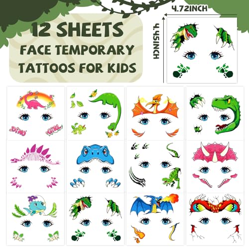 Dinosaur Temporary Tattoos for Kids - 12 Waterproof Sheets