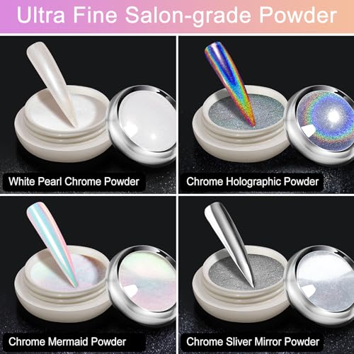 Gold Silver Chrome Nail Powder, White Pearl Aurora Mermaid Iridescent Holographic Unicorn Chrome Powder for Nails, Metallic Mirror Rose Gold Champagne Nail Chrome Powder Pigment Foil Flakes