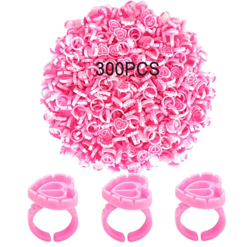 300PCS Disposable Glue Rings for Eyelash Extensions - Smart Holder Cups With Lovely Shape Lash Fan Blossom - Rose Red