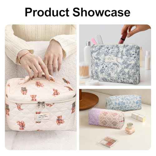 Quilted Makeup Bag,Large Cosmetics Bag Set,Cotton Coquette Floral Make up Pouch,Travel Toiletry Bag for Women