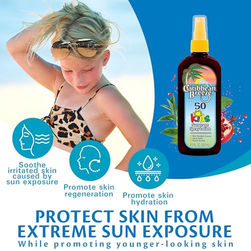 Caribbean Breeze Kids Sunscreen Spray SPF 50, Lotion Sunblock Spray, Sunscreen for Kids & Toddlers, with Green Tea & Pomegranate Extracts, Non-Aerosol Pump for Face & Body, Water Resistant, 8.5 oz