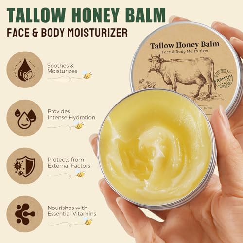 Beef Tallow for Skin (2.5oz), Tallow and Honey Balm, 100% Grass-Fed Tallow Moisturizer with Beeswax & Honey, Face & Body Cream for Dry Skin