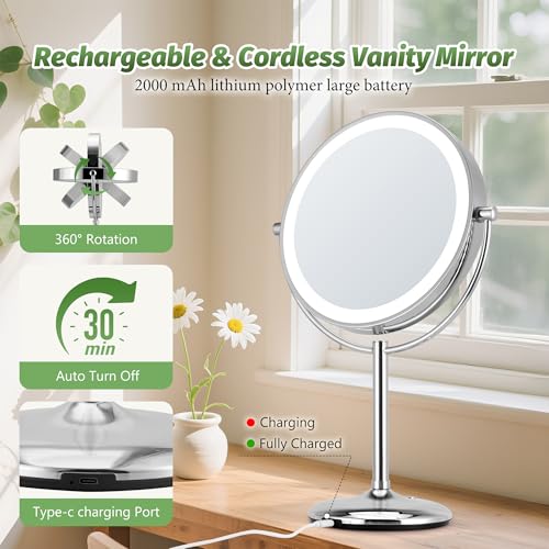 VORREMIRR 9" Chrome Makeup Mirror with Lights, 1X/20X Magnification, Rechargeable