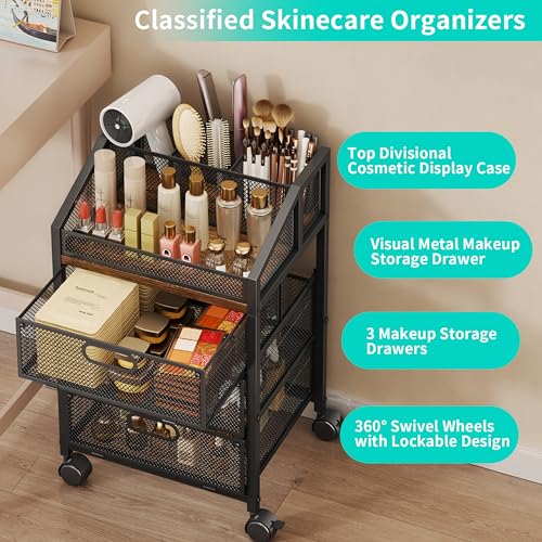 HapiRm Rolling Makeup Organizer Cart with 3 Drawers and Top Compartments, Under Desk Vanity Storage, Black