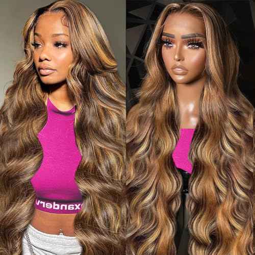 Anderah 13x6 Highlight Ombre Lace Front Wigs Human Hair Honey Blonde Body Wave Lace Front Wigs Human Hair Pre Plucked With Baby Hair 180% Density Body Wave Glueless Human Hair Wigs For Women 30Inch