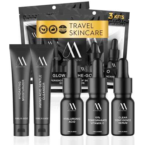 Monopoli Skin Travel Skincare Set | Airplane-Friendly Sizes | Complete Facial Skin Care Kit with BHA Serum, Vitamin C, Moisturizer & Cleanser | Perfect Essentials & Gift Set for Women & Teens | 3 Kits