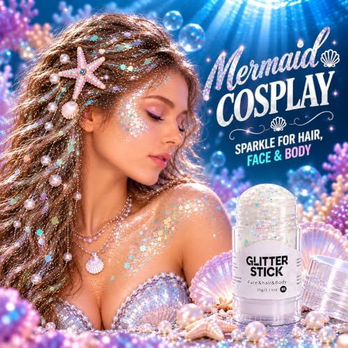 MEICOLY White Glitter Stick for Face & Hair – 1.23 oz Iridescent Mermaid Glow, Round-Head Applicator