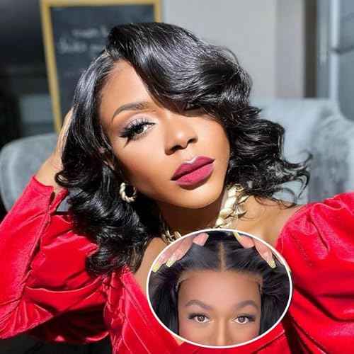 Wear and Go Glueless Wigs Human Hair Pre Plucked Pre Cut 5x5 HD Lace Closure Wigs Upgraded Transparent Body Wave Lace Front Wigs for Black Women with Natural Hairline 180 Density 14 Inch