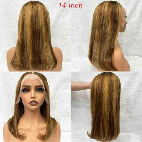 Ombre Honey Blonde Bob Wig Human Hair Highlight 13x4 Hd Lace Front Wigs Human Hair Pre Plucked 14 Inch Middle Part 4/27 Colored Glueless Lace Frontal Wigs(14 Inch, 4/27 Highlight)