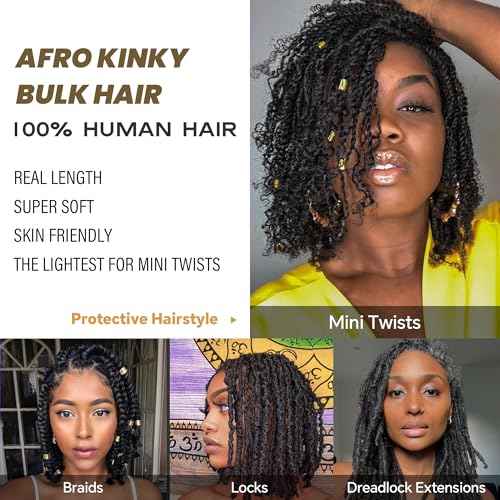 Afro Kinkys Bulk Human Hair -100% Real Human Hair for Mini Twist, Braiding, Loc Extensions & Crochet, Kinky Curly Hair Bundles, Natural Afro Bulk for Dreadlocks(1B, 22 Inch(Pack of 1))