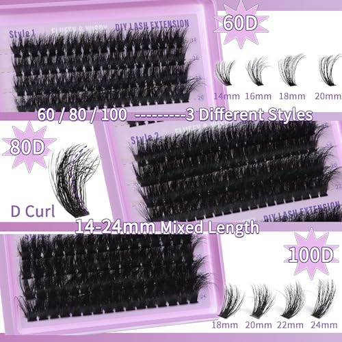 Lash Extension Kit 14-24mm Lash Clusters Kit 60D+80D+100D Thick Volume Eyelash Extension Kit D Curly DIY Individual Lashes 3 Style Lashes with Waterproof Lash Bond and Seal and Tweezers