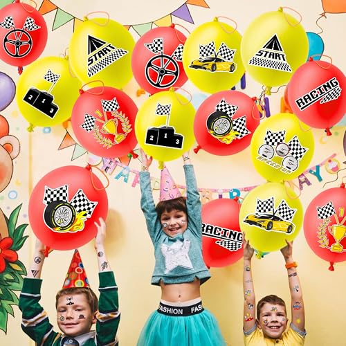 72 PCS Checkered Party Favors ? 48 Pre-Cut Temporary Tattoos & 24 Checkered Punch Balloons Themed Birthday Party Decorations Supplies Favors Gifts Goodie Bag Fillers Classroom Rewards for Boys Girls