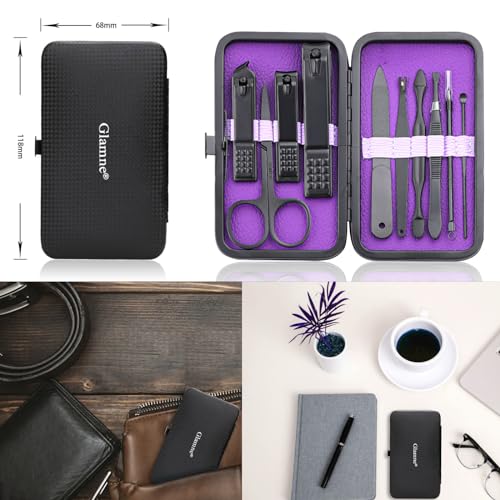 Glamne Purple Manicure Set 10-in-1 Nail Clipper & Care Tools with Leather Travel Case