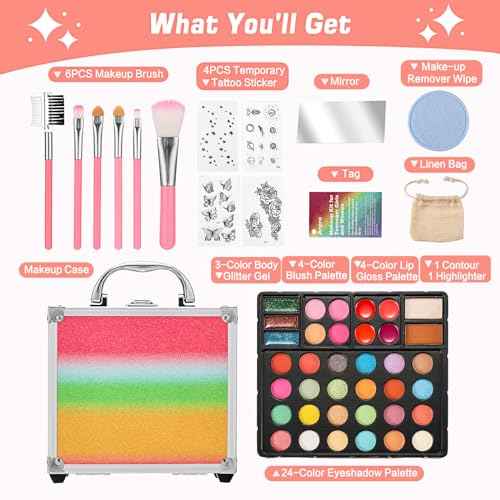 Anpro All-In-One Makeup Carry Case with Pro Teen Makeup Set, Full Starter Cosmetics Kit with Makeup Brushes, Eye Shadows Palette, Blushes, Glitter Gel, Temporary Tattoo Stickers