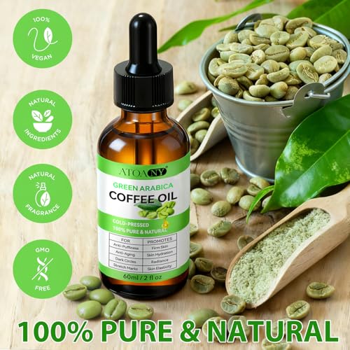 Green Coffee Bean Oil, Organic Green Coffee Oil for Cellulite, Skin, Face, Body & Hair - Reduces Puffiness, Dark Circles, Stretch Marks, Skin Tightening, Cold-Pressed (2 Fl Oz (Pack of 1))