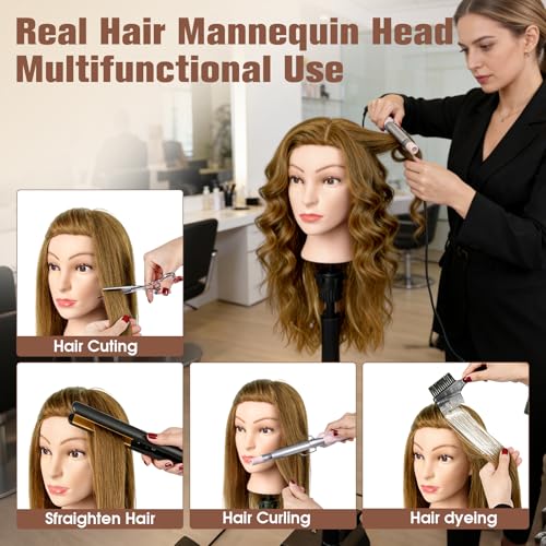 22" Light Brown Real Hair Mannequin Head with Stand & Tools