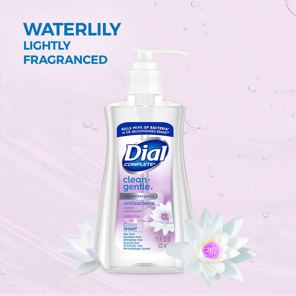 Dial Complete Clean + Gentle Antibacterial Liquid Hand Soap, Waterlily, 7.5 fl oz (Pack of 12)