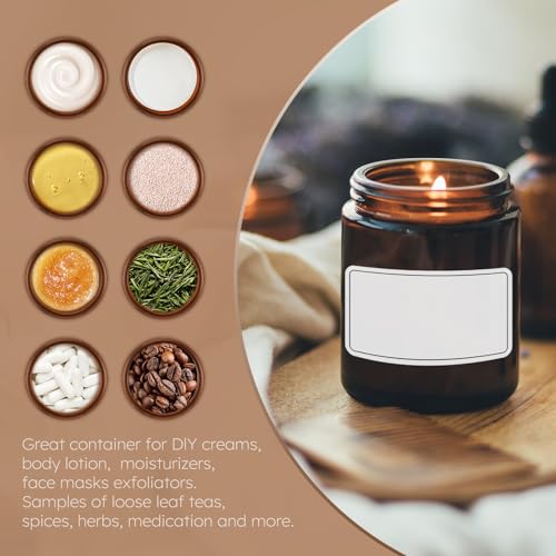 Tecohouse Amber Candle Jars, 30 Pcs 8oz Glass Jars with Lids for Making Candles with White Labels & Inner Liners, Empty Airtight Round Cosmetic Containers for Cream, Spice, Lotion, Ointments, Liquid
