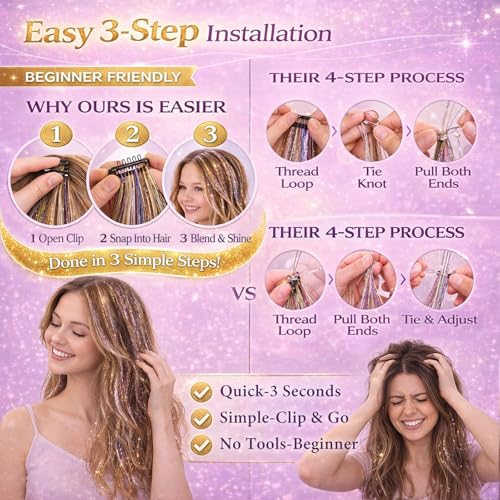 Black Hair Tinsel Clips - 18 Pcs Glitter Extensions for Parties
