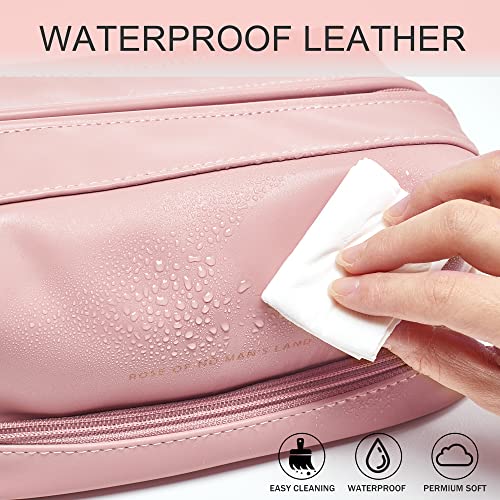 Large Makeup Bag, Double Layer Cosmetic Bag, Leather Make Up Bag with Brush Organizer, Portable Travel Makeup Bag, Makeup Organizer Bag Toiletry Bag for Women and Girls (Pink)