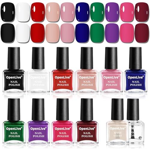 OpenLive 12-Piece Quick Dry Nail Polish Set with Base & Top Coat (5ml)