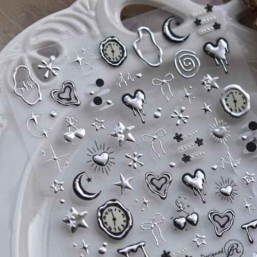 Silver Nail Art Stickers Heart Star Nail Decals with Metal Design 5D Embossed Self Adhesive Clock Nails Stickers Charms Supply for Women Girls Kid Manicure DIY Decorations