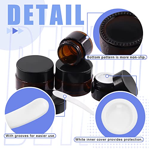 Glarks 40Pcs 5g 10g 20g Amber Glass Jars Round Containers with Black Lids and 10pcs Plastic Spatulas Kit for Makeup, Cream, Lotion, Sugar Scrubs, Eye Shadow, Slime, Paint, Jewelry