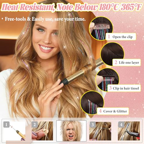 12 Pcs Colorful Fairy Hair Tinsel Kit - Clip-In Holographic Hair Extensions