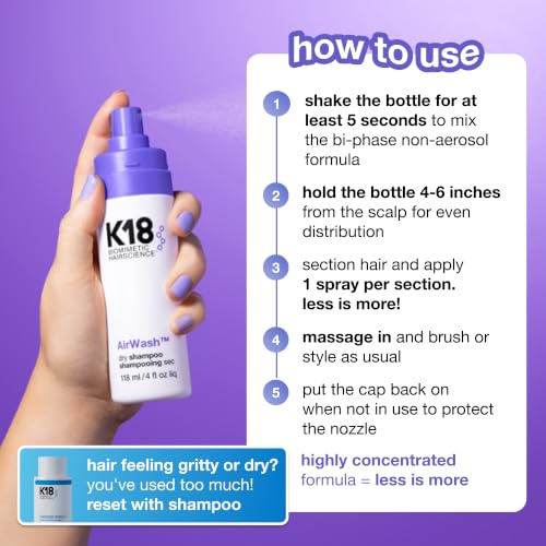 K18 AirWash Non-Aerosol Dry Shampoo Spray 4 Fl Oz - Odor-Eliminating, Invisible Oil Control