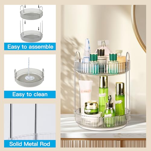 Niluks Classic Grey 2-Tier Rotating Makeup & Skincare Organizer, Lazy Susan Vanity Storage