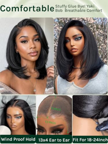 KLAIYI Yaki Straight Bob Wig Human Hair Glueless 13x4 Lace Front, Pre-Plucked & Ready to Wear, 12 Inch