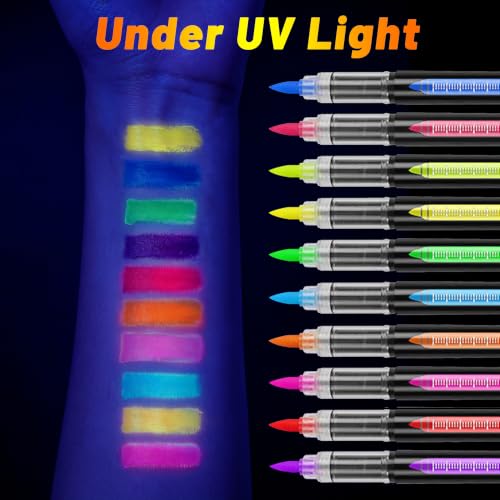 Glow In The Dark Face Paint Pens, 10 UV Neon Colors, Waterproof