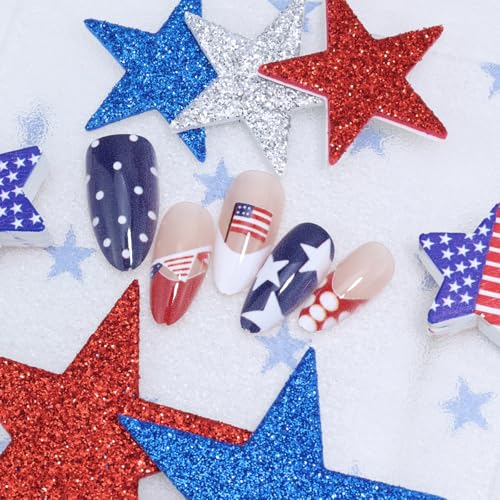 4th of July Press On Nails Medium Almond Red White Blue French Tip 30Pc