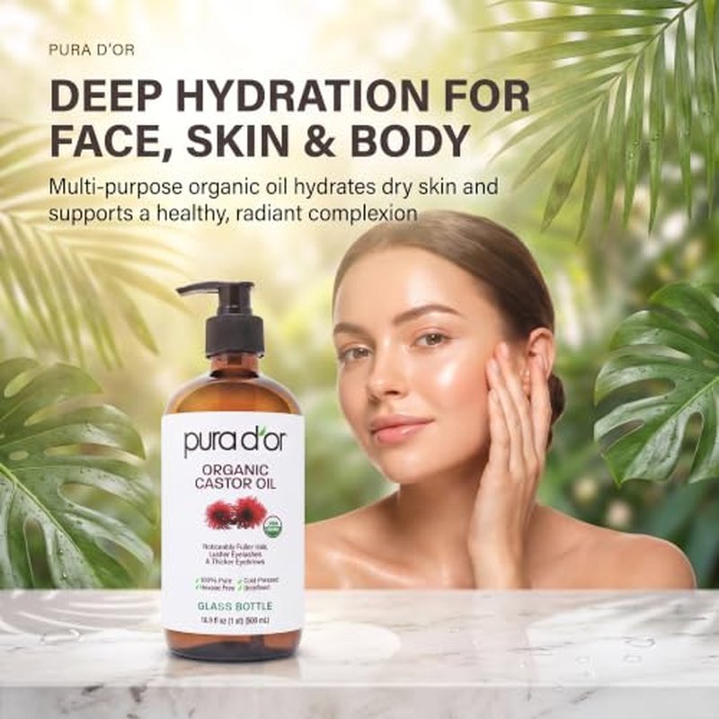 PURA D'OR Organic Castor Oil 16.9 oz | Cold-Pressed Hair Skin Lash