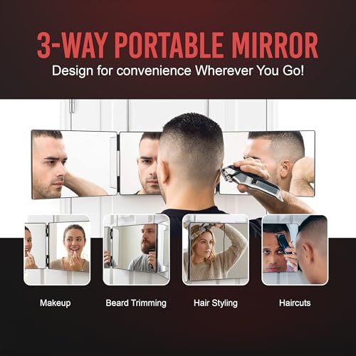 Self-Cut System 3 Way Barber Mirror with Height Adjustable Hooks, 360 Trifold Self Cut Mirror for Haircuts for Men and Women, Travel-Friendly, Three-Way Design for Easy Grooming & Styling