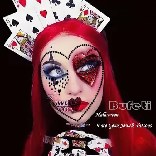 2 Pcs Halloween Face Gems Jewels Tattoos Day of The Dead Queen of Heart Makeup Peach A Women Face Rhinestone Crystal Stickers Face Eye Tattoos for Halloween Cosplay Festival Rave Party Outfit