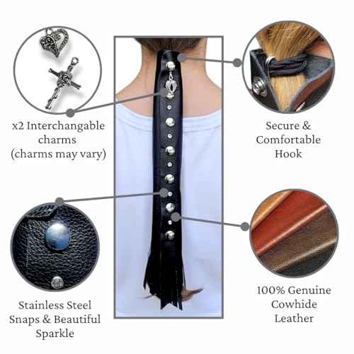 BLACK 18" inch Genuine Leather Motorcycle Hair Wrap for Long Hair - Handmade Ponytail Sleeve Long Hair Protector & Saver | Biker Hair Tie Helmet Accessory | Made in USA (18 inch, No Fringe)