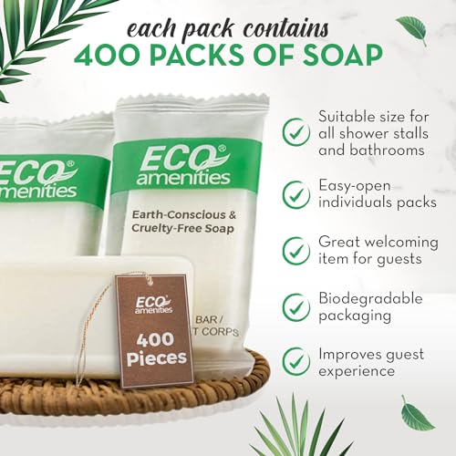 ECO Amenities Travel Size Bar Soap - 400 PACK, 0.5 oz Mini Soap Bars, Hotel Soap Bars, Travel Size Toiletries - Individually Wrapped Bulk Soap Bar, Small Hotel Soaps for BNBs, VRBO, Inns and Hotels