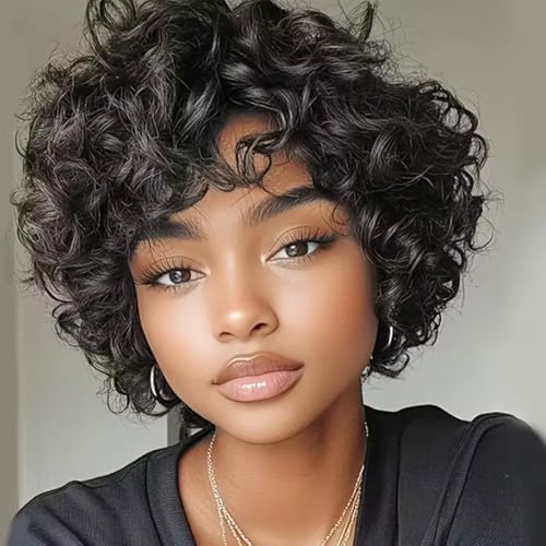 Adette Brazilian 6" Short Curly Wig with Bangs, 180% Density, Natural Black – 602-1B