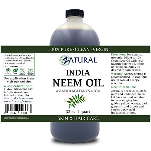 Zatural 100% Pure Neem Oil - Undiluted, Cold-Pressed, For Hair, Skin, and Nails, 32 oz