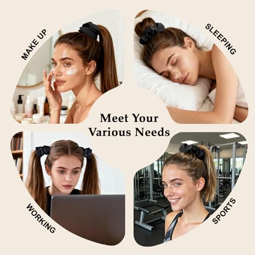Large Black Satin Scrunchies for Women - 8PCS Frizz-Free Hair Ties
