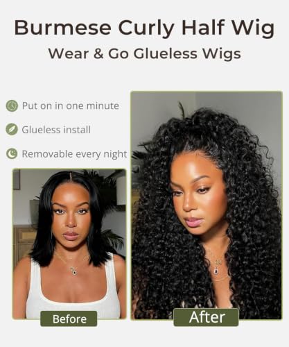 Burmese Curly Half Wig Human Hair 16 Inch Glueless